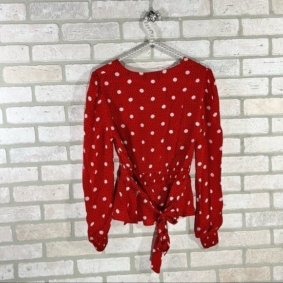 The Kooples Red Polka Dot Faux Wrap Top Size 3=L - Picture 5 of 12